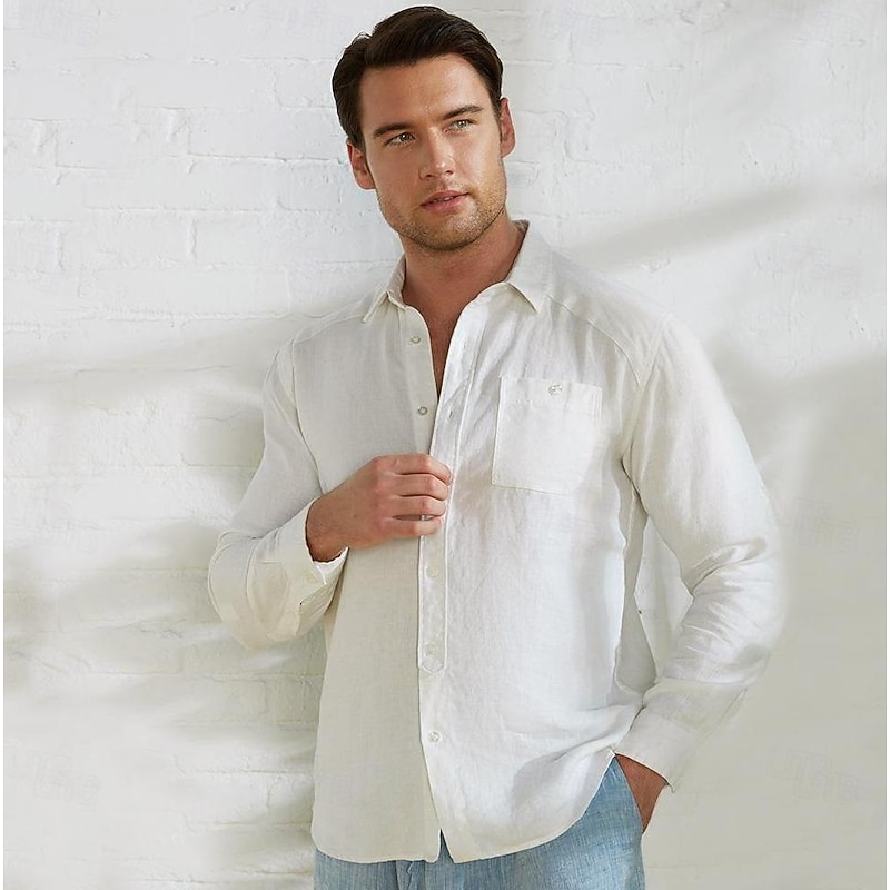 Men's 100% Linen Shirt Button Up Shirt Beach Shirt White Long Sleeve Plain Lapel Spring &  Fall Daily Vacation Clothing Apparel3