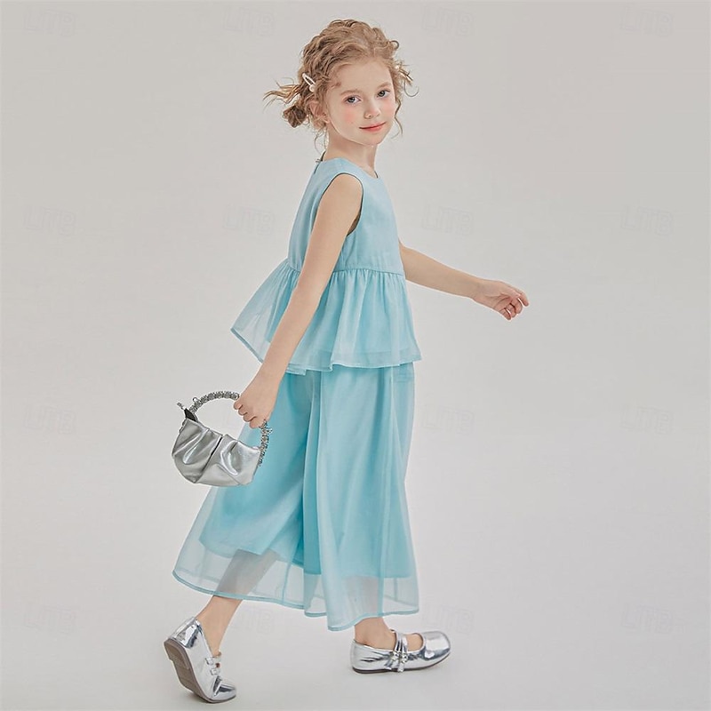 2 Pieces Kids Girls' Solid Color Pants Suit Set Sleeveless Fashion Outdoor 3-7 Years Summer Blue2