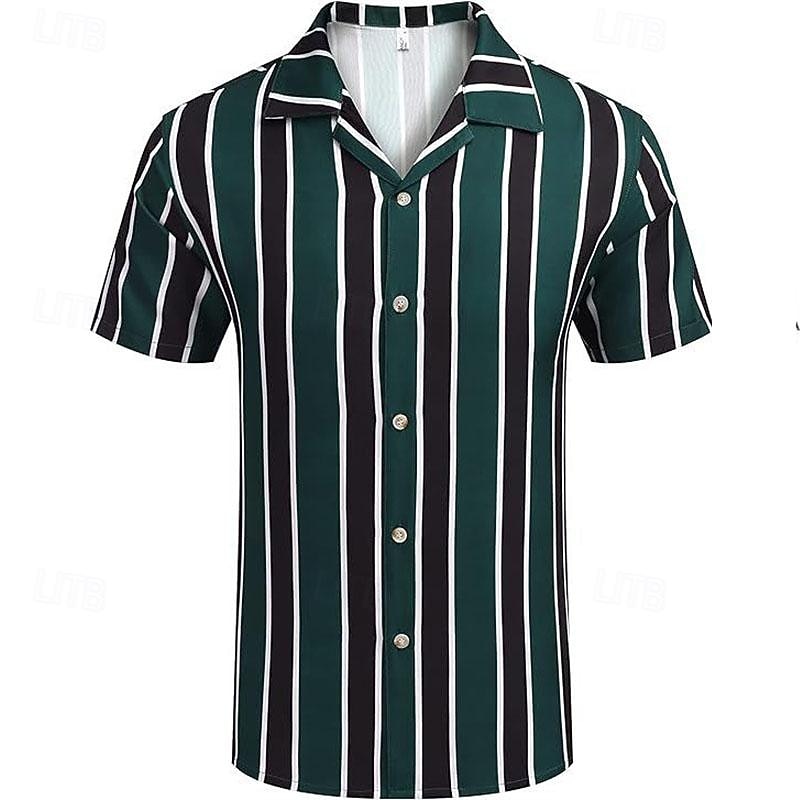 Men's Shirt Summer Shirt Casual Shirt Beach Shirt Button Up Shirt Striped Shirts Blue Green Chocolate Coffee Short Sleeve Stripes Camp Collar Vacation Hawaiian Clothing Apparel Polyester Fashion4