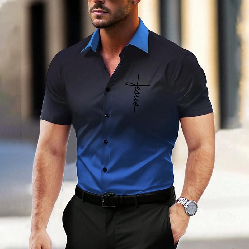 Men's Dress Shirt Button Up Shirt Printed Shirts Outdoor Vacation Red Blue Ink Blue Purple Short Sleeve Turndown Summer Clothing Apparel Button Up