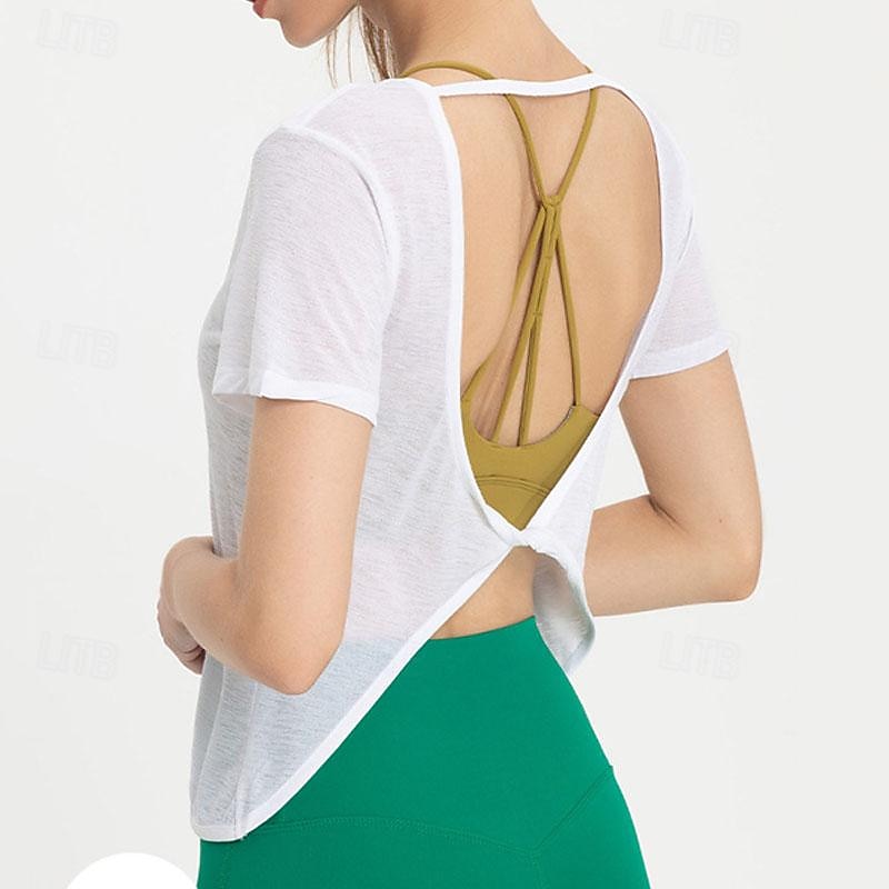 Women's Yoga Top Crew Neck Quick Dry Lightweight Breathable Backless Short Sleeve Sports Solid Color Tee Tshirt Top For Running Fitness Yoga Loose Fit Activewear