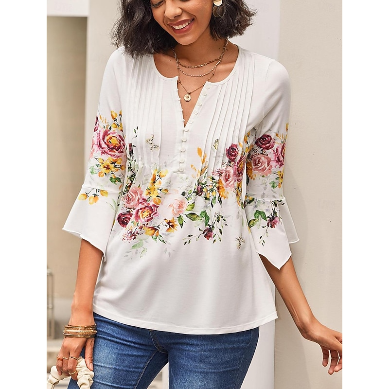 Women's T shirt Long Sleeve Basic Floral Buttons Print 3/4 Length Sleeve Regular Tops Round Neck Casual Holiday White Prefall2