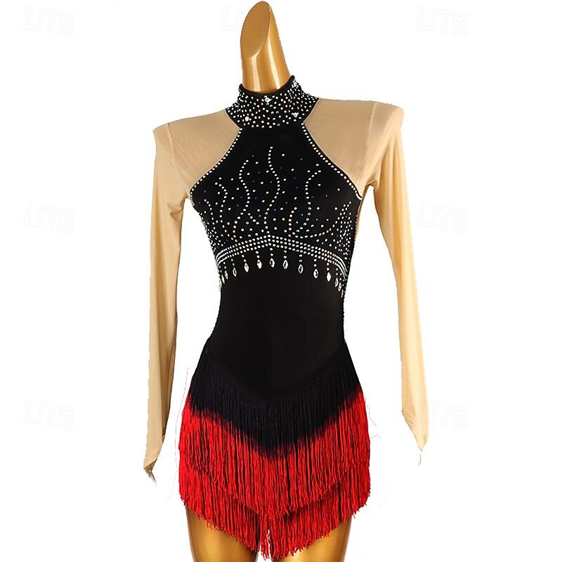 Figure Skating Dress Women's Girls' Ice Skating Dress Black Patchwork Open Back Mesh Spandex High Elasticity Training Practice Professional Skating Wear Classic Crystal / Rhinestone Long Sleeve Ice2