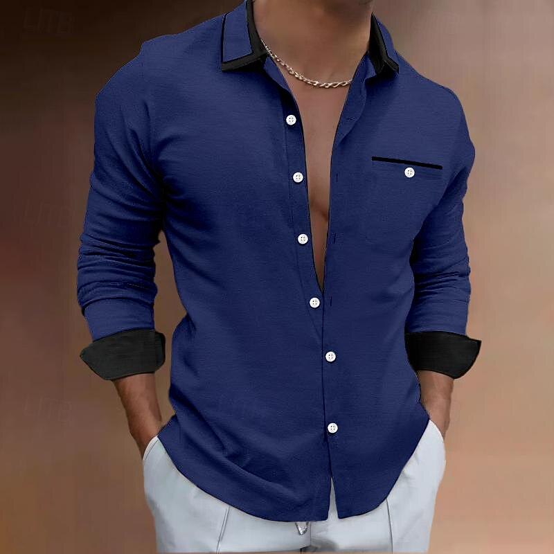 Men's Shirt Summer Shirt Dress Shirt Button Up Shirt Casual Shirt White Navy Blue Blue Long Sleeve Plain Collar Daily Vacation Clothing Apparel Fashion Casual4