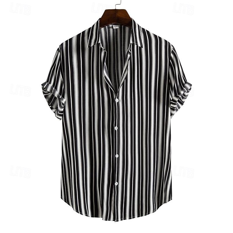 Men's Shirt Summer Shirt Casual Shirt Beach Shirt Button Up Shirt Striped Shirts Black Navy Blue Short Sleeve Stripes Turndown Vacation Hawaiian Clothing Apparel Cotton Cotton Blend Fashion Casual2