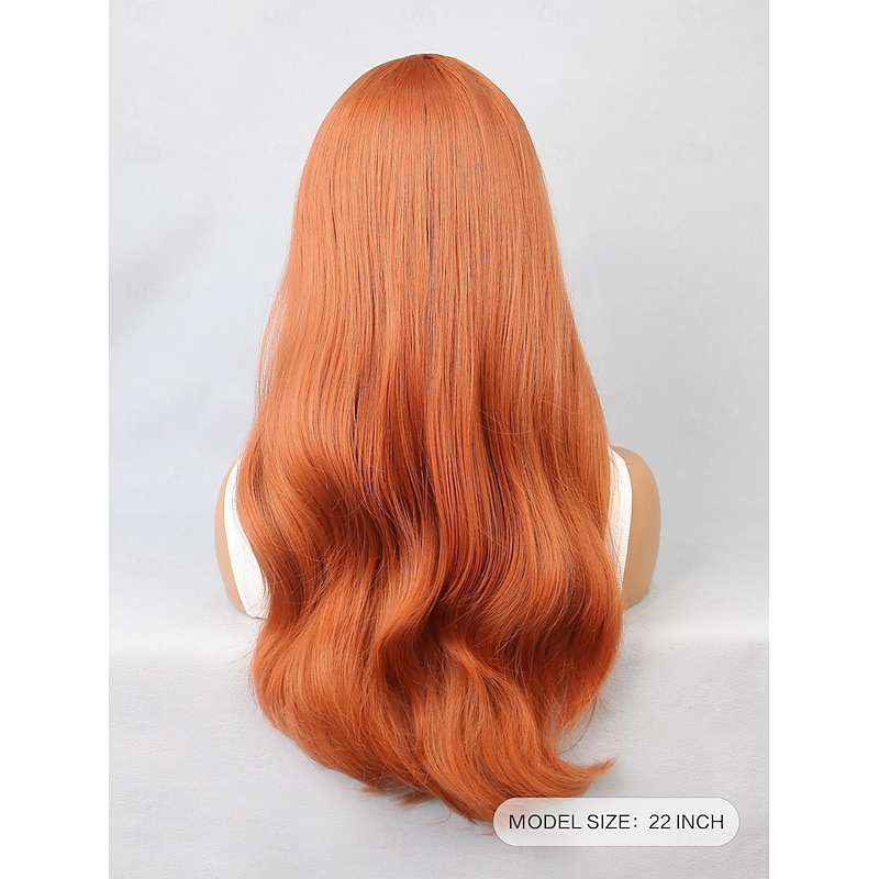 Synthetic Wig Body Wave Neat Bang Wig 22 inch Pink / Orange Synthetic Hair Women's Orange3