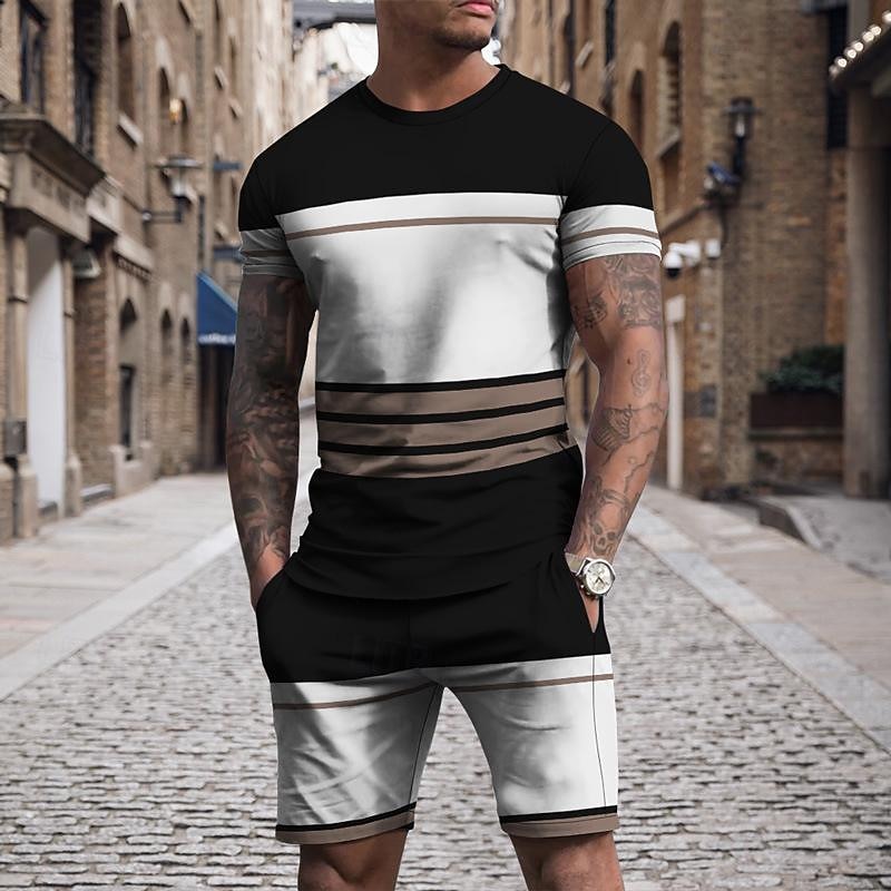 Men's T-shirt Suits 2 Pieces Outfits Tee & Shorts Short Sleeve Crew Neck Summer Color Block Stripes Fashion Casual 2 Piece Vacation Daily Wear Going out Black Navy Blue Red Black Top Tee for Men2