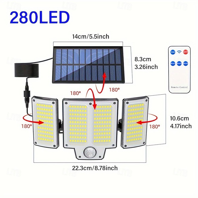 Solar Flood Lights Shustar-280 LED Outdoor Solar Light with Motion Sensor Solar Security Light with Remote Control 3 Modes 3-Head with Extension Cable for Yard Garage Porch3