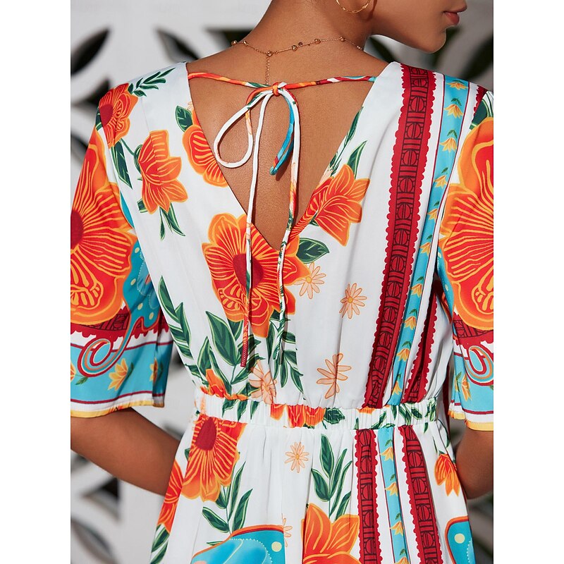 Women's Mini Dress Floral Print V Neck Half Sleeve Summer Dress Orange Flower Pattern Casual Vacation Beach Outfit Elegant Style4
