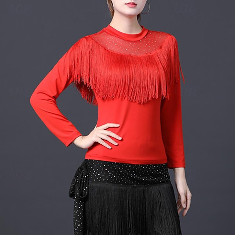 Latin Dance Ballroom Dance Top Tassel Pure Color Splicing Women's Performance Training Long Sleeve High Polyester2