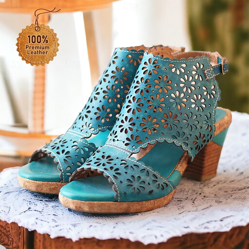 Women's Turquoise Cutout Leather Sandals – Vintage Hollow-Out Chunky Heel Peep-Toe Summer Shoes for Casual & Boho Style