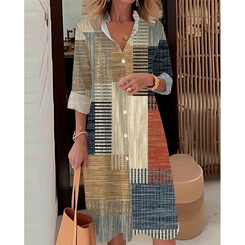 Women's Midi Dress Shirt Dress Casual Dress Outdoor Office Daily Fashion Modern Shirt Collar Button Pocket Long Sleeve Fall Winter Loose Fit Plaid Striped