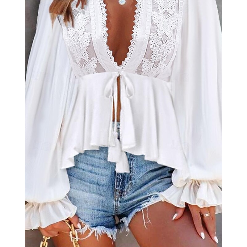Women's Shirt Boho Shirt Blouse Plain Fashion V Neck Street Daily Lace White Sky Blue Summer3