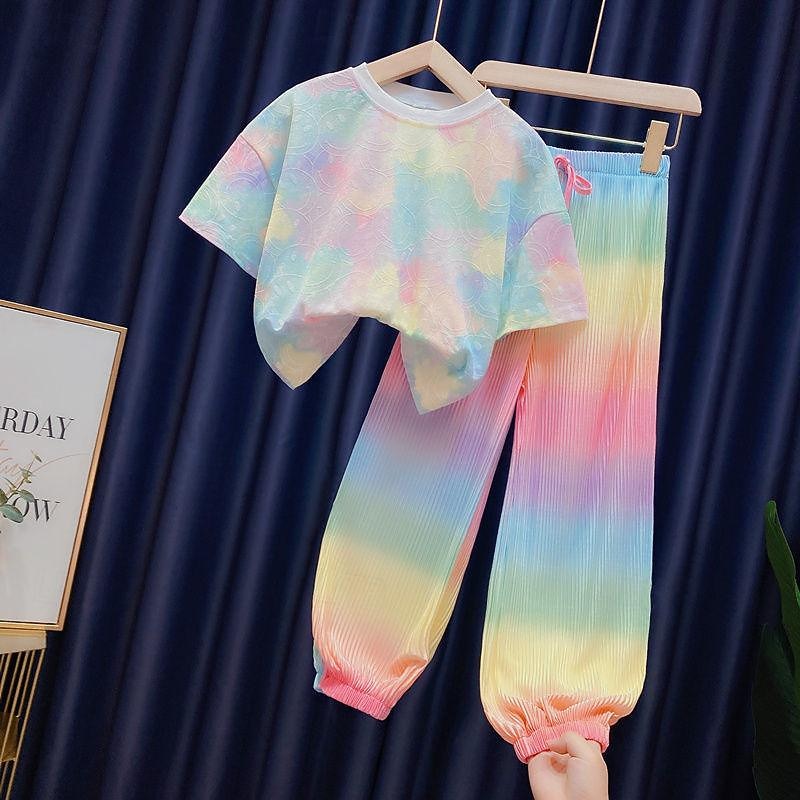 Girls' Summer Rainbow Suit Middle And Big Children's Clothing For Girls Tie-dye Sports 2-piece Sets Baby Girl Clothes