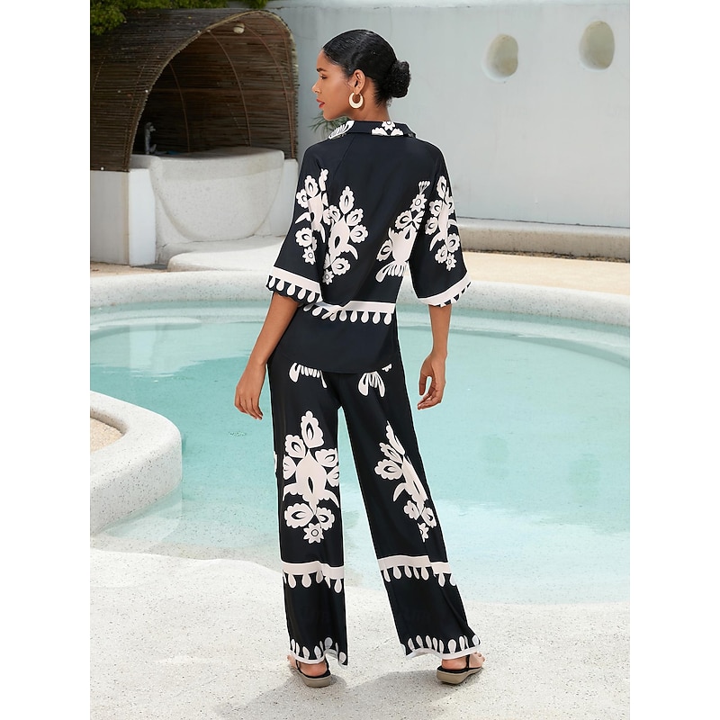 Satin Classic Print Lapel Straight Shirt Set4