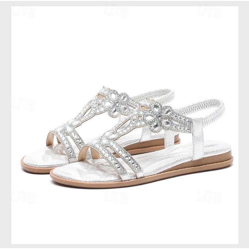 Women's Silver Rhinestone T-Strap Sandals – Boho Flat Wedding Flip Flops for Brides, Beach Ceremonies, and Summer Vacations 29