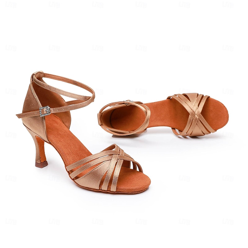 Women's Bronze Satin Latin Dance Shoes – Strappy Ballroom Sandals with Suede Sole & Adjustable Ankle Strap for Salsa & Performance3