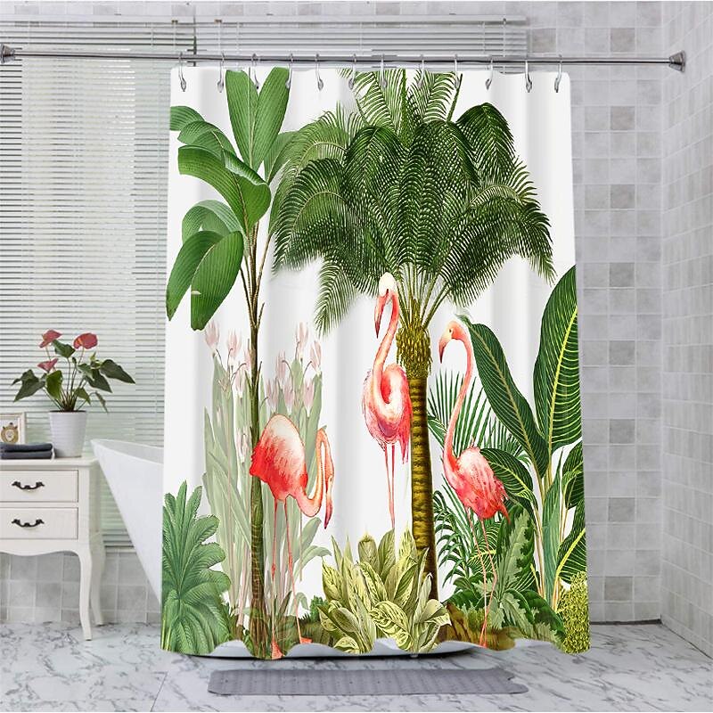 Shower Curtain with Hooks 180cm*180cm(70"*70") Polyester Washable Waterproof Tropical Plant Bird Pattern Bathroom Bathtub Decor2