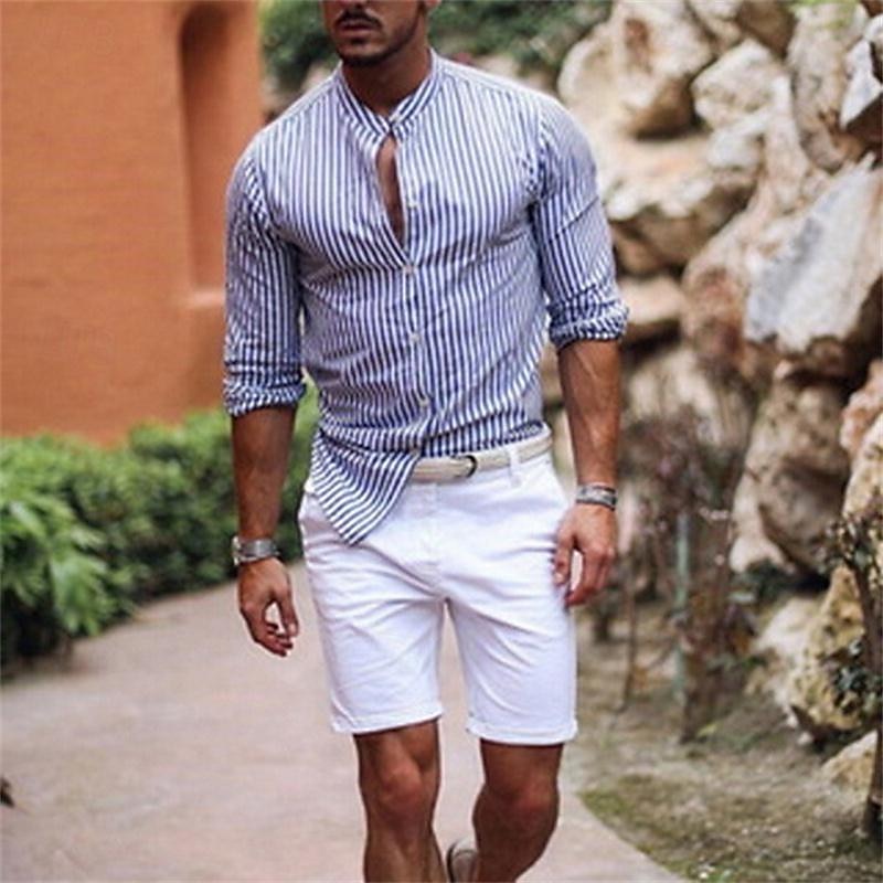 Men's Shirt Summer Shirt Casual Shirt Beach Shirt Button Up Shirt Striped Shirts Blue Gray Long Sleeve Stripes Turndown Vacation Hawaiian Button-Down Clothing Apparel Polyester Fashion Casual2