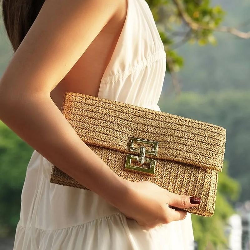 Women's Elegant Gold Straw Clutch with Designer-Style Closure - Perfect for Evening Events4