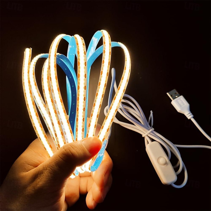 Waterproof COB USB 5V LED Strip Light, High Gloss LED Soft Flexiable Strip Light with USB Switch 3.28-16 ft (1-5M) 480 LED/Meter Waterproof Flexible Self-adhesive Safety Tape Light Suitable for Kitchen Garage TV Wall and Home DIY Lighting