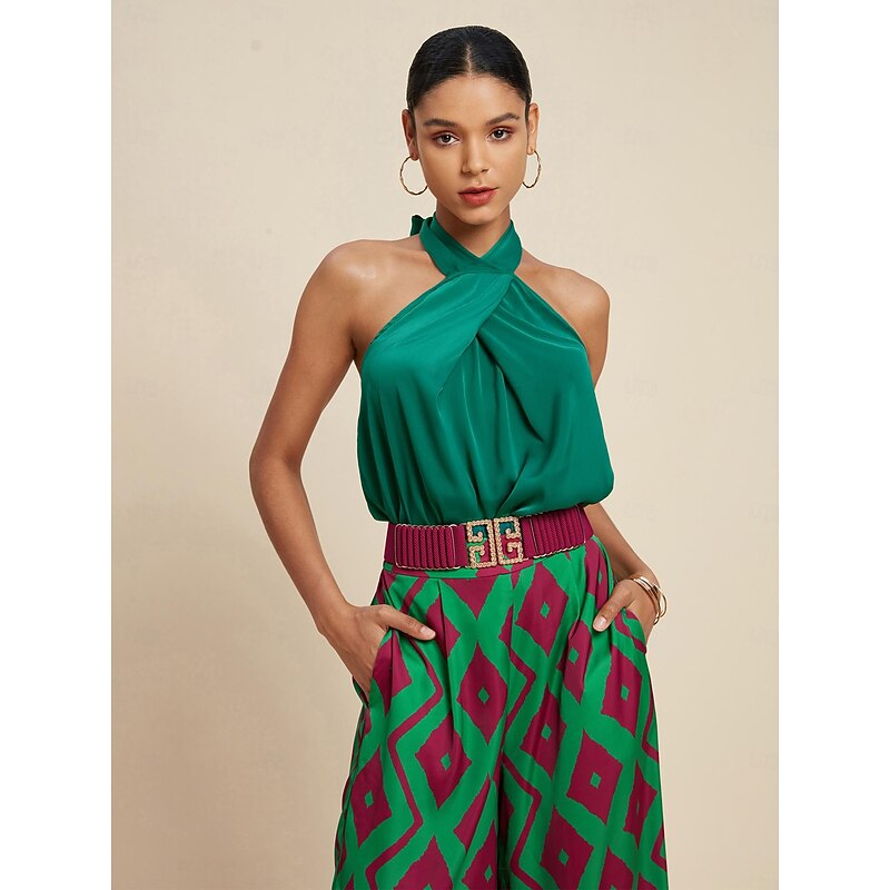 Satin Solid Knot Tie Back Sleeveless Top