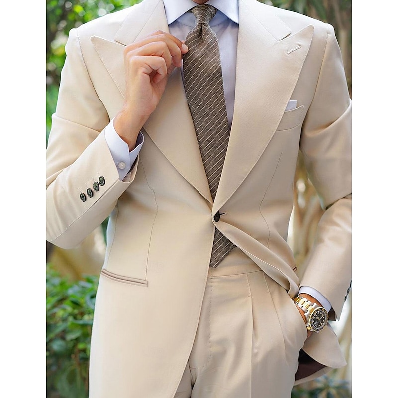 Men's Wedding Party Suits Peak White Yellow Fashion Business Solid Colored Tailored Fit 2 Piece Single Breasted One-button3