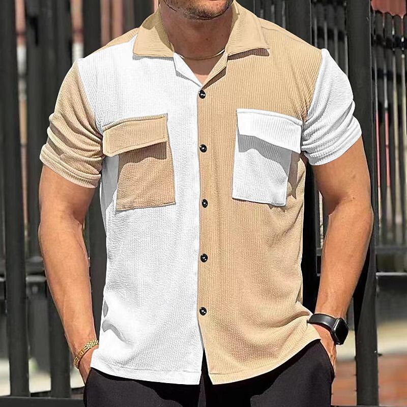 Men's Shirt Summer Shirt Casual Shirt Beach Shirt Button Up Shirt Black Blue khaki Short Sleeve Color Block Camp Collar Vacation Hawaiian Patchwork Clothing Apparel Polyester Fashion Casual4