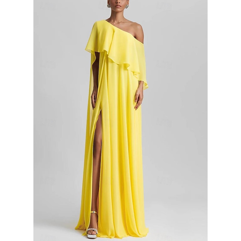 A-Line Evening Gown Elegant Dress Beach Wedding Formal Wedding Guest Floor Length Sleeveless One Shoulder Stretch Chiffon with Ruffles Slit