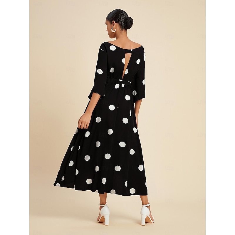 Women's Elegant Dress Midi Dress Black 3/4 Length Sleeve Polka dot print Asymetric Hem Off the Shoulder Spring & Summer Off Shoulder Elegant Romantic S M L3