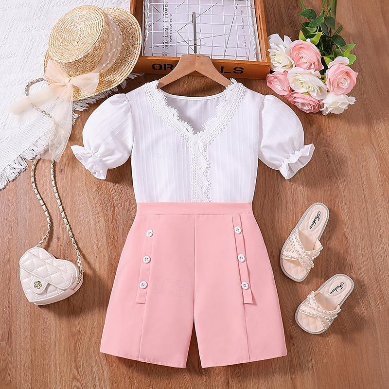 2 Pieces Kids Girls' Solid Color Shorts Suit Set Short Sleeve Fashion Outdoor 3-7 Years Summer Pink