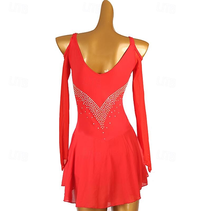 Figure Skating Dress Women's Girls' Ice Skating Dress Red Patchwork Tassel Mesh Spandex High Elasticity Training Practice Professional Skating Wear Classic Crystal / Rhinestone Long Sleeve Ice3