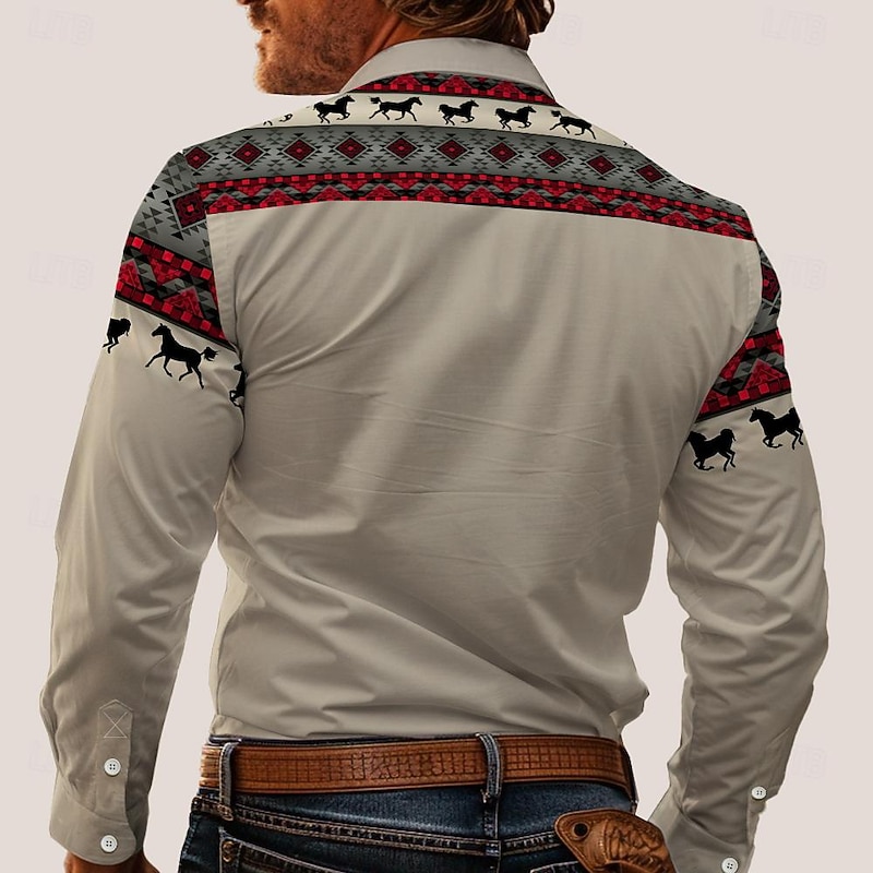 Men's Tribal Shirt Western Shirt Cowboy Shirt Long Sleeve Western Style Tribal Summer Spring Fall Shirt Collar Khaki2