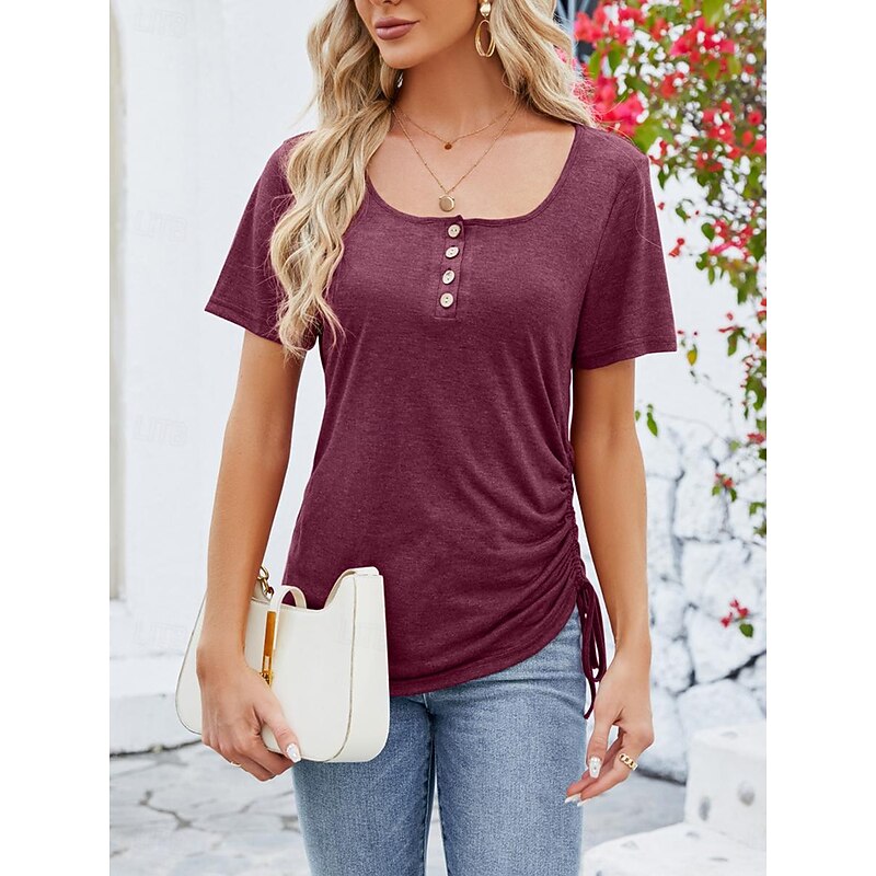 Women's Tunic Plain Fashion Short Sleeve Square Neck Regular Tops Vacation Daily Lace Black Pink Red Summer 8