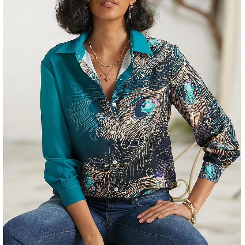 Women's Shirt Long Sleeve Button Down Blouse Basic Neon & Bright Buttons Print Regular Tops Shirt Collar Casual Green Spring Fall