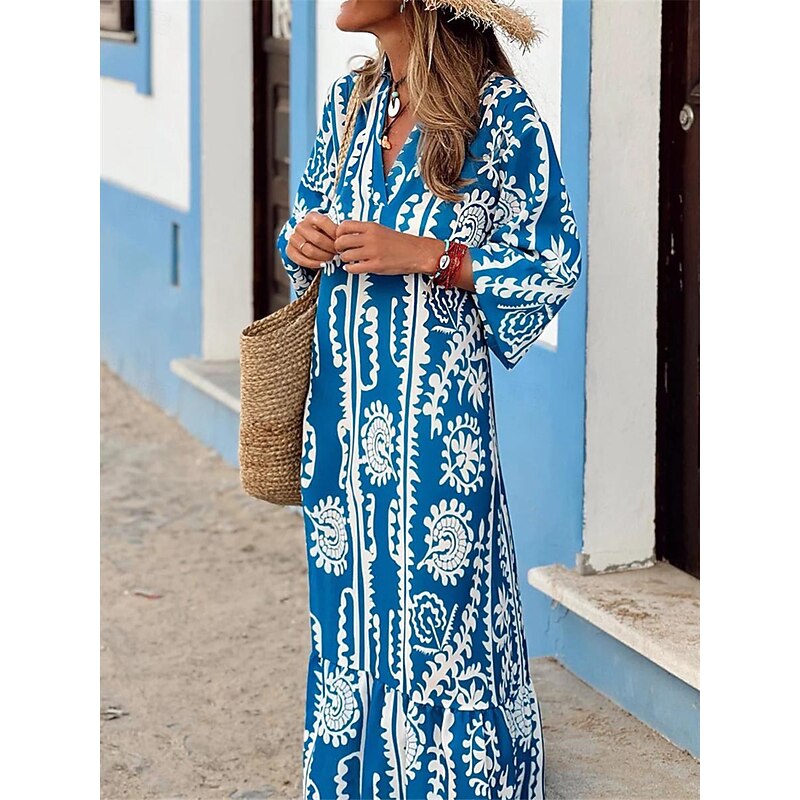 Women's Casual Dress Graphic Ruffle Print V Neck Long Dress Maxi Dress Ethnic Casual Daily Vacation 3/4 Length Sleeve Summer