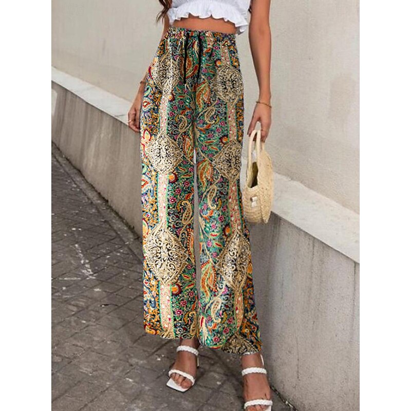 Women's Wide Leg Pants Trousers Casual Daily Long Graphic Paisley Dog Side Pockets Print Elastic Drawstring Design Breathability Comfortable Inelastic Going out Weekend Black & White Black Yellow Gray3