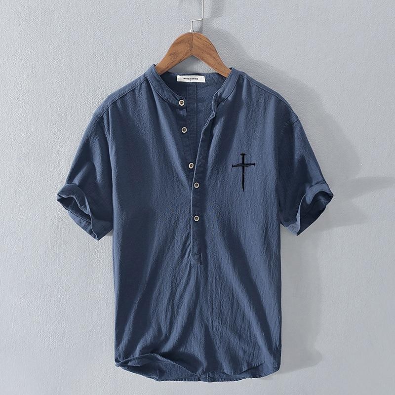 Men's Shirt Linen Shirt Chinese Collar Shirt Mandarin Collar Shirt Popover Shirt Casual Shirt Faith Vacation Street Navy Blue Gray Light Blue Short Sleeve Band Collar Summer Clothing Apparel4