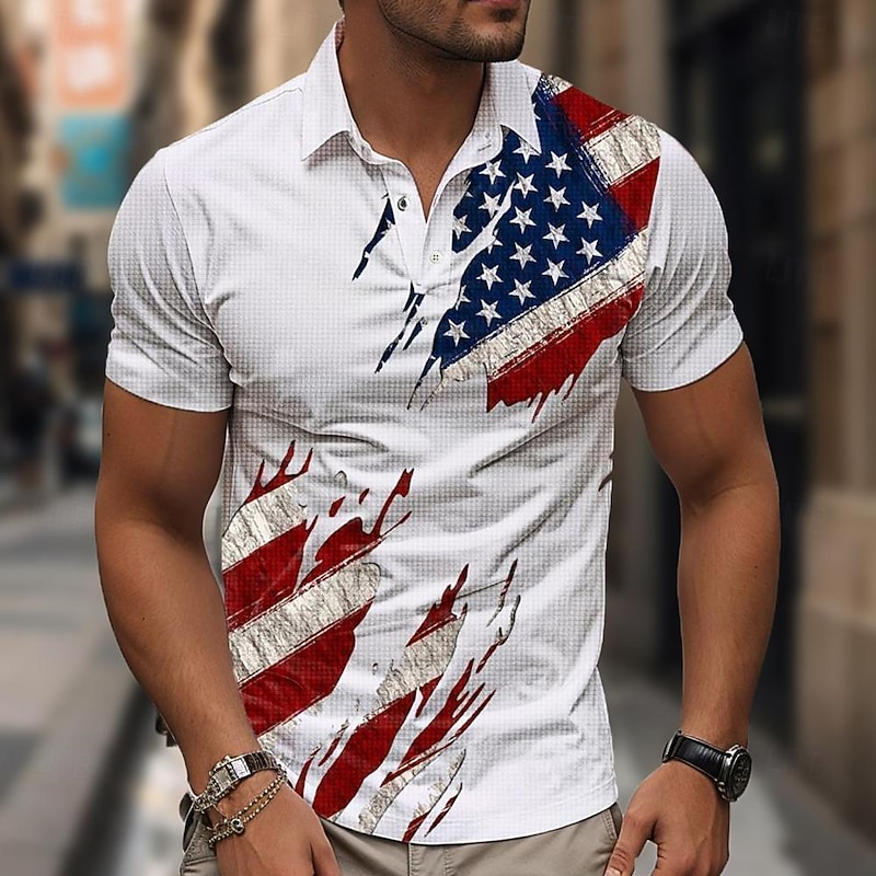 American Independence Day Men's American Flag Veterans Waffle Polo Shirts Golf Shirt Short Sleeve Polo Shirts Collared Shirts Casual Streetwear Vacation Wear Party Outfits 3D Print Buttons Summer