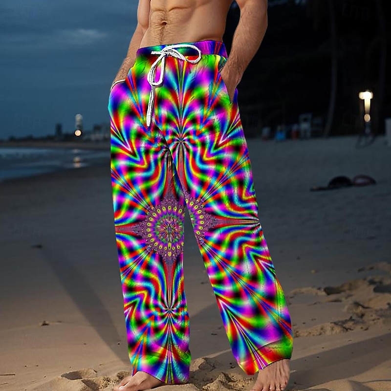 Men's Pants Trousers Mid Waist Drawstring Elastic Waist Hawaiian Holiday Beaches Straight Leg Trousers Summer Spring Fall 3D Print Black Yellow Red