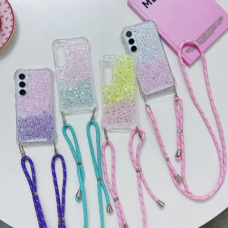 Phone Case For Samsung Galaxy S25 S24 S23 Ultra Plus S23 FE S22 A55 5G A35 5G A15 A14 A34 Back Cover with Lanyard Bling Glitter Shiny Shockproof Color Gradient TPU
