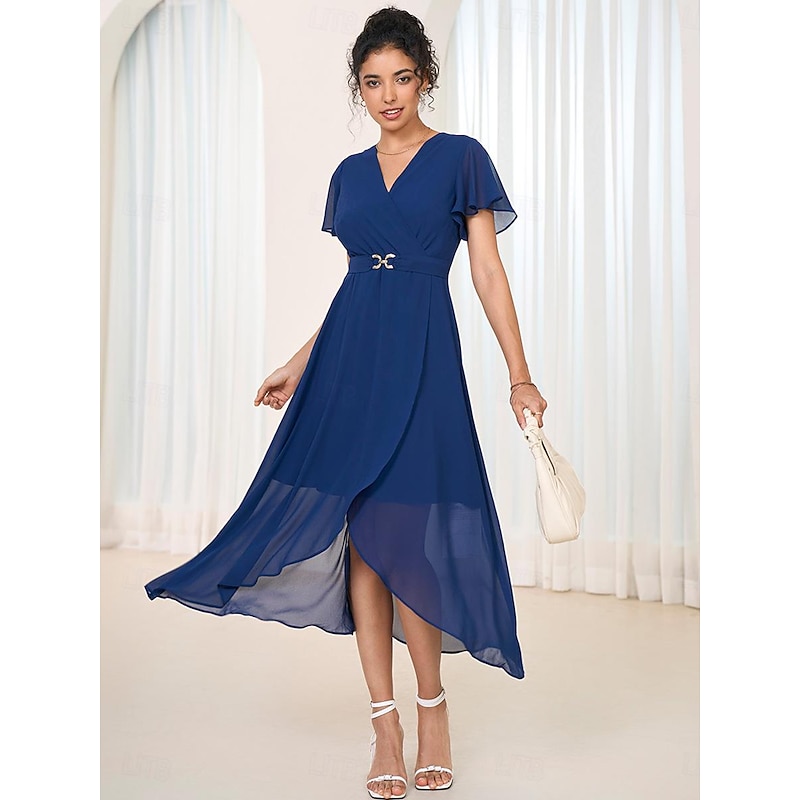 Women's Wedding Guest Cocktail Dress Chiffon Pleated Ruffle Elegant  Midi Dress Crew Neck Sleeveless Dark Blue Color