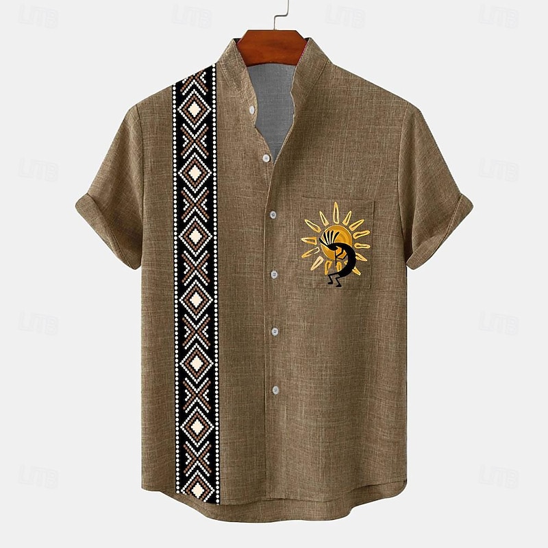 Men's Shirt Bowling Shirt Button Up Shirt Short Sleeve Vintage Casual Tribal Daily Holiday Summer Spring Band Collar grandad collar Print Green Khaki Beige2