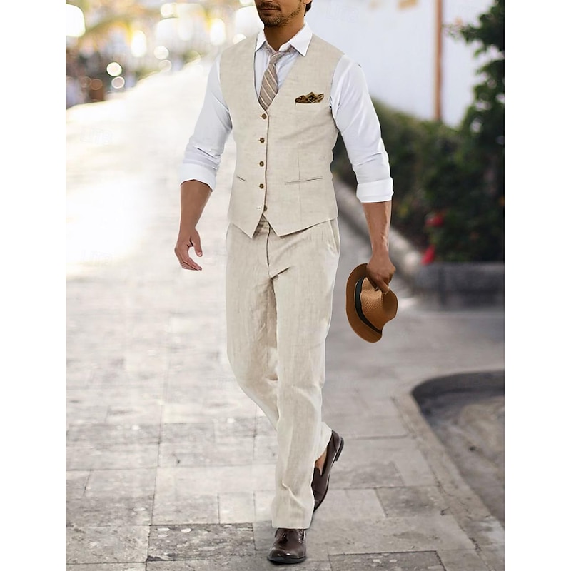 Men's Wedding Linen Suits V Neck pea green White Solid Colored Tailored Fit 2 Piece3