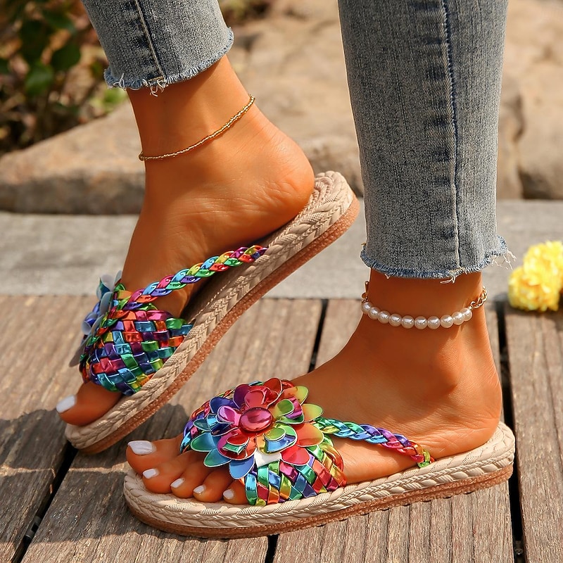 Women's Colorful Bohemian Flower Sandals – Handmade Woven Slip-On Flats for Beach & Summer Casual Wear3