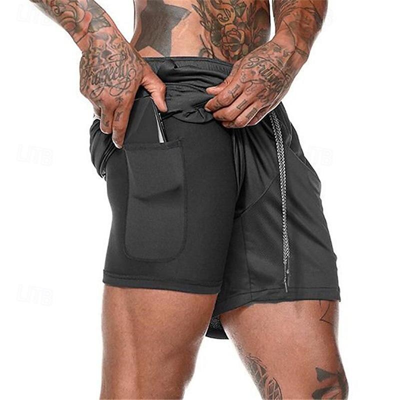 Men's Gym Shorts Sports Fitness Running Casual Drawstring Compression Liner Elastic Waist Plain Knee Length Gymnatics Activewear Black White Micro-elastic