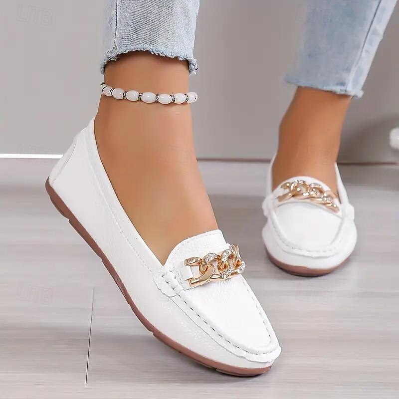 Women's Metallic Chain Decor Loafers Casual Round Toe Low Top Slip On Shoes Comfy & Versatile Flats3
