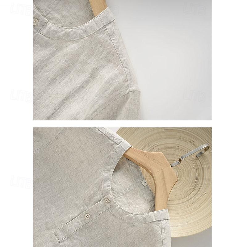 Men's Shirt White Cotton Shirt Casual Shirt Cotton Linen Shirt Plain Vacation Street White Beige Short Sleeve Crew Neck Summer Clothing Apparel Button-Down 7