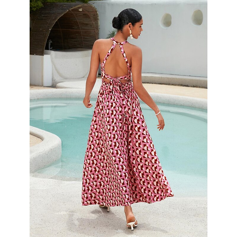 Rayon Geometric Lace Trim Maxi Dress2