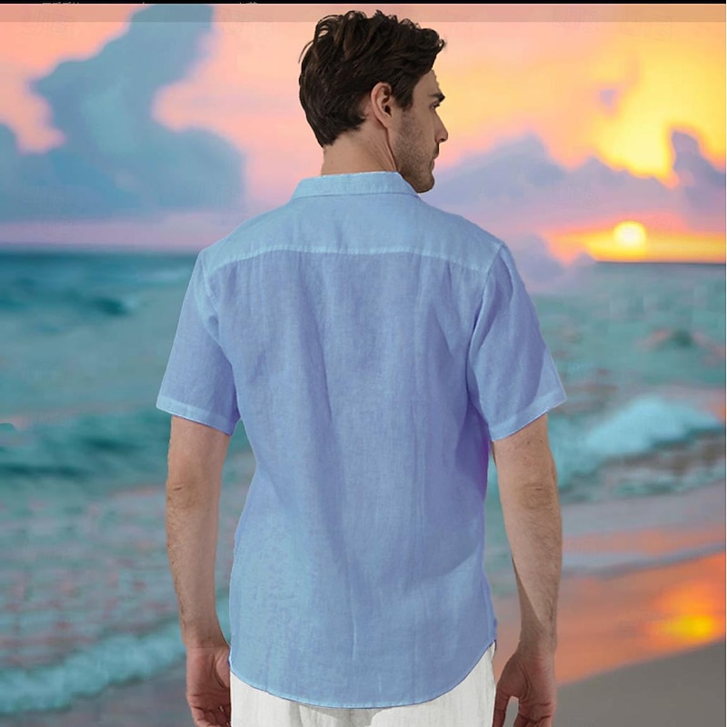 Men's Shirt Graphic Hawaiian Fashion Casual Linen Shirt Button Up Shirt Short Sleeve Daily Hawaiian Vacation Spring &  Fall Lapel Print Blue Green Gray 55%Flax 45%cotton4